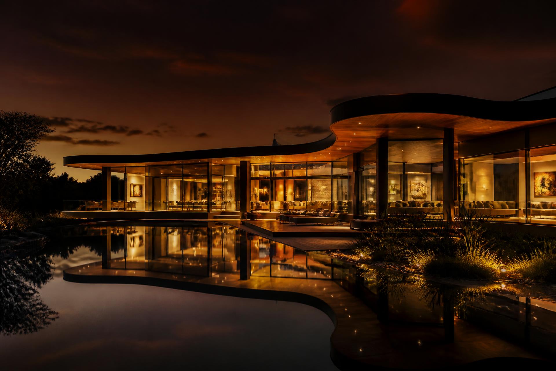 Mansão contemporânea de alto padrão iluminada ao entardecer - Fachada principal